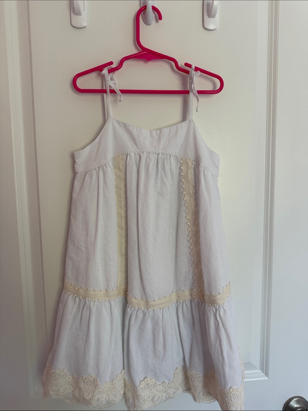 Janie and Jack White Cotton Tie-Shoulder Dress with Cream Lace